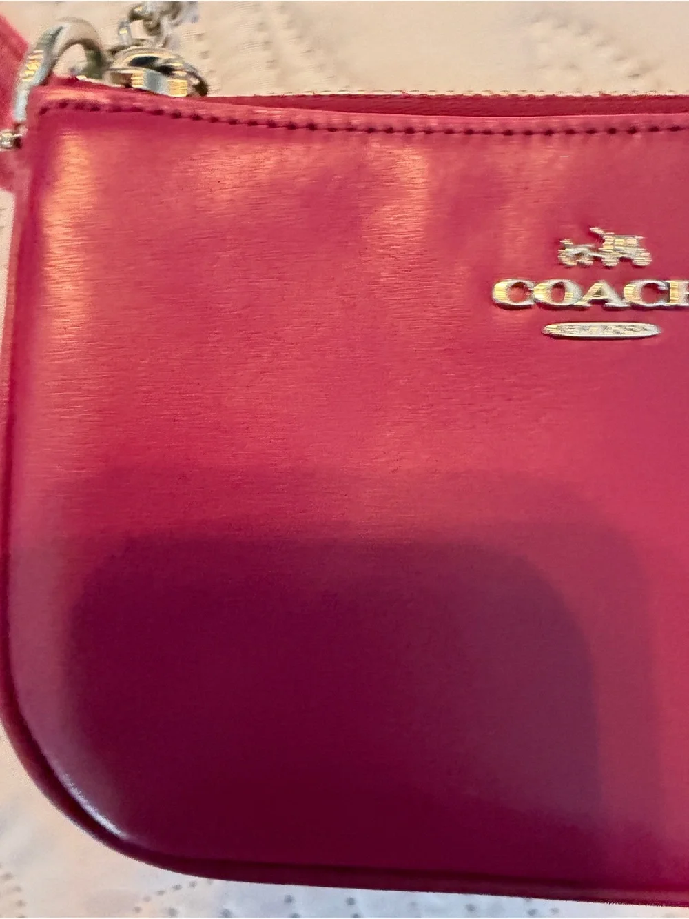 Coach Pink Leather Mini Wristlet with Silver Chain